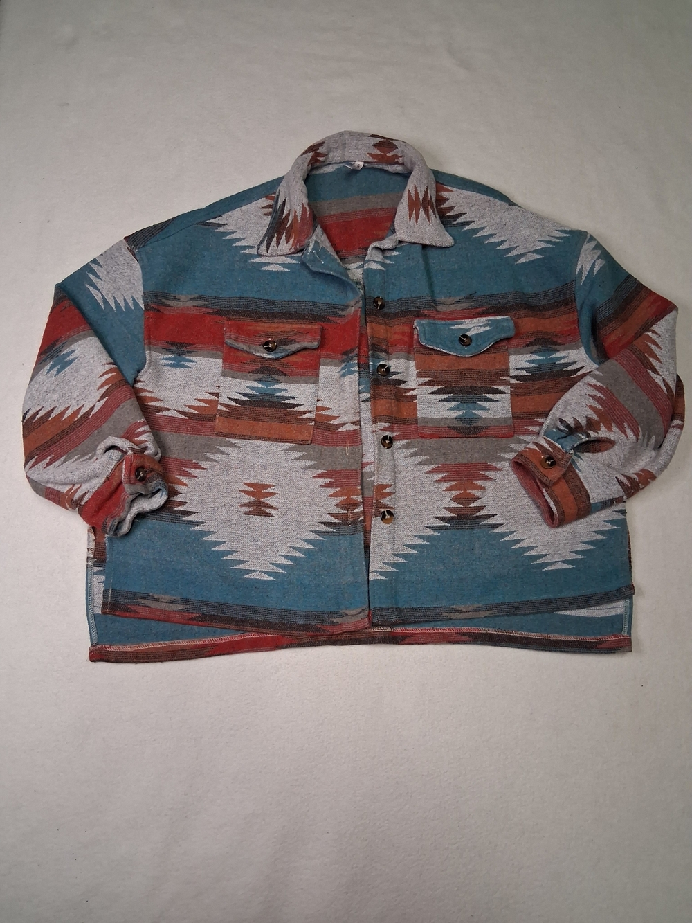 ePretty Aztec-Pattern Button-Up Jacket in Teal, Rust & Light Gray